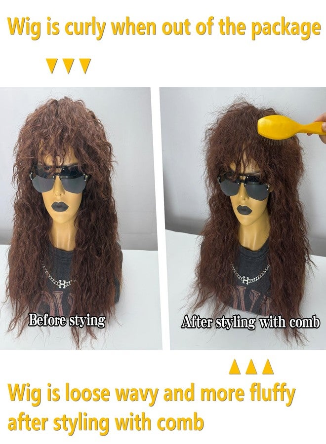 Askuang 80s Rock Mullet Wigs for Men and Women Long Brown Curly Wig 70s 80s Costumes for Men Women Halloween Cosplay Party Wigs - Image 5